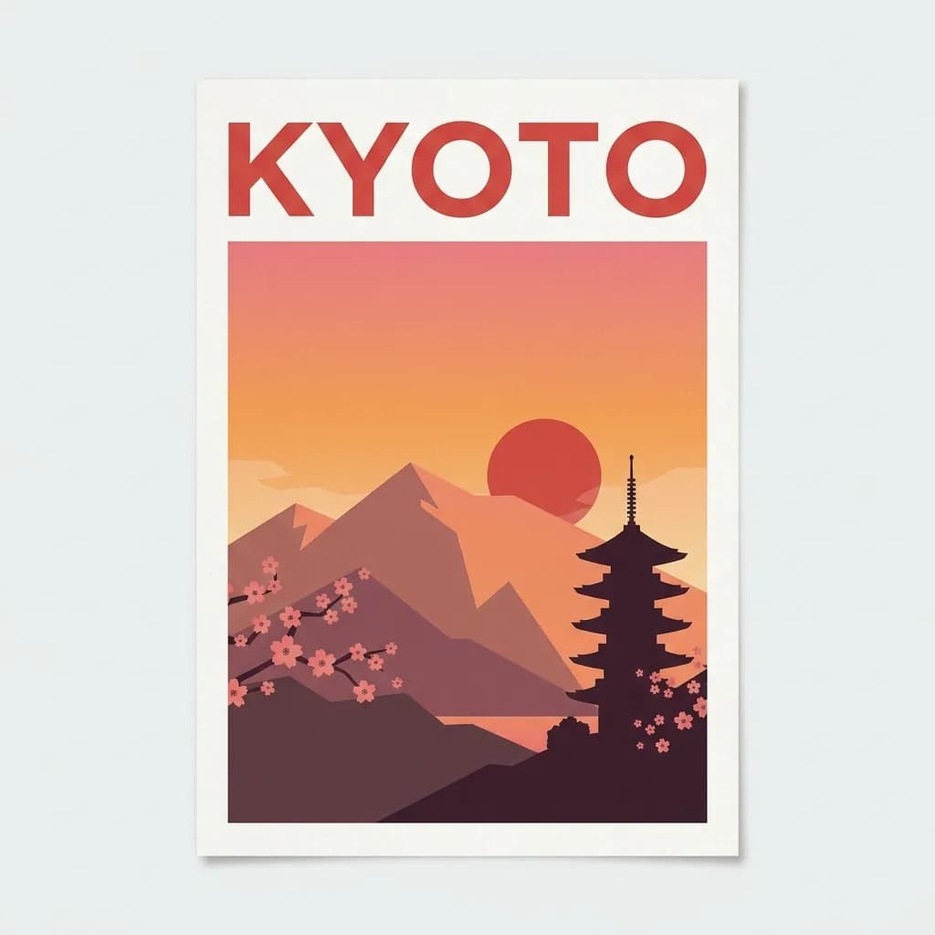 AI text-to-image Kyoto travel poster with bold clean typography