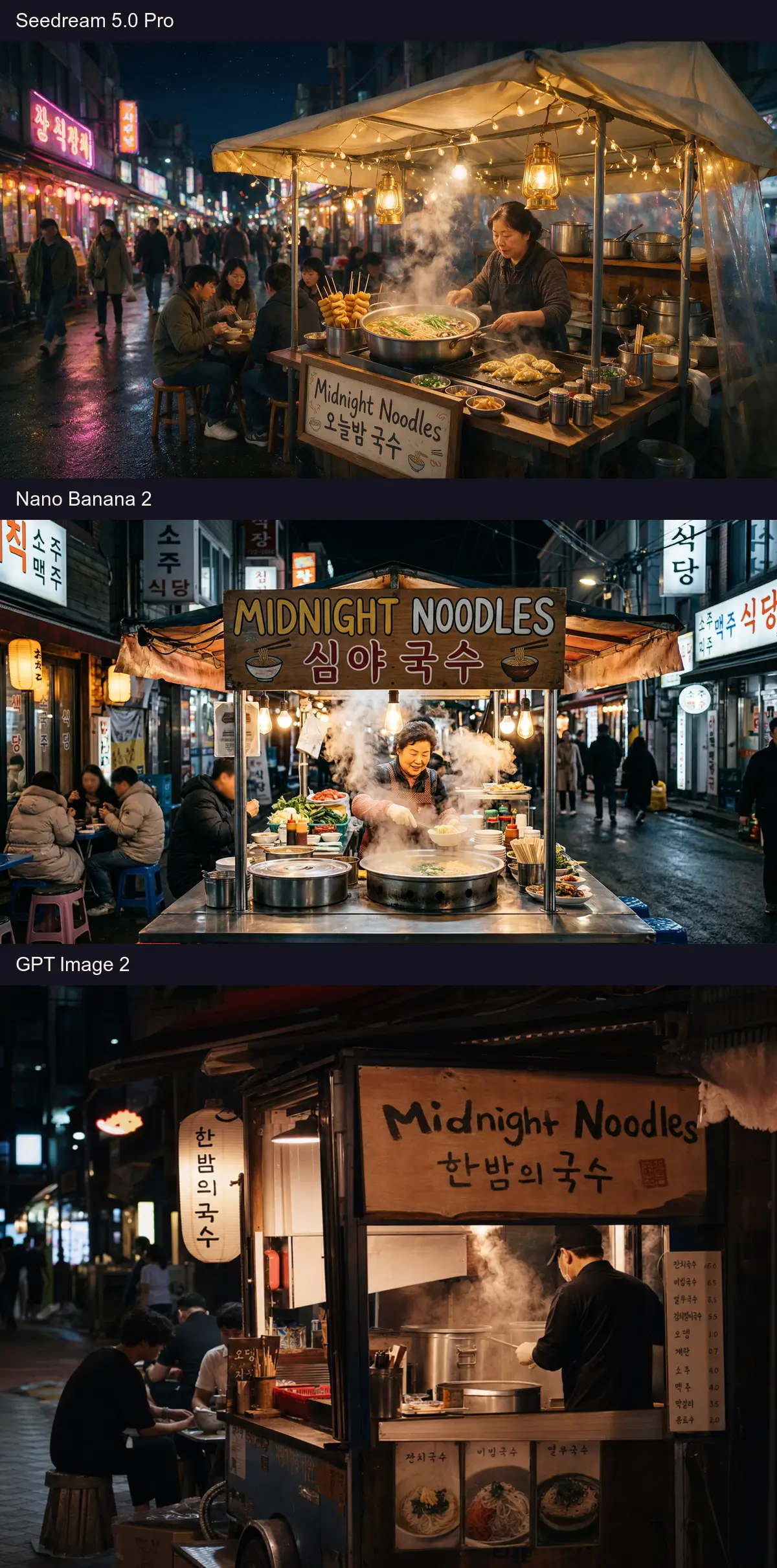Same prompt compared across Seedream 5.0 Pro, Nano Banana 2, and GPT Image 2: Seoul night noodle stall with a bilingual sign