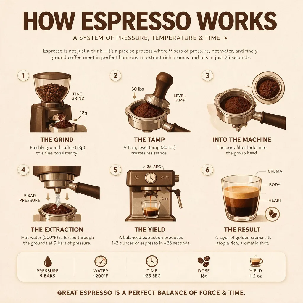 Seedream 5.0 Pro test: six-step espresso infographic with numbered panels and a spec strip