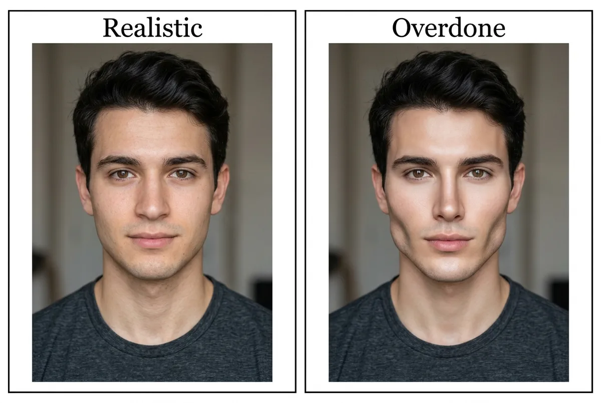 Contrast between a realistic, identity-preserving glow-up and an unrealistic edit that reshapes the jaw and face