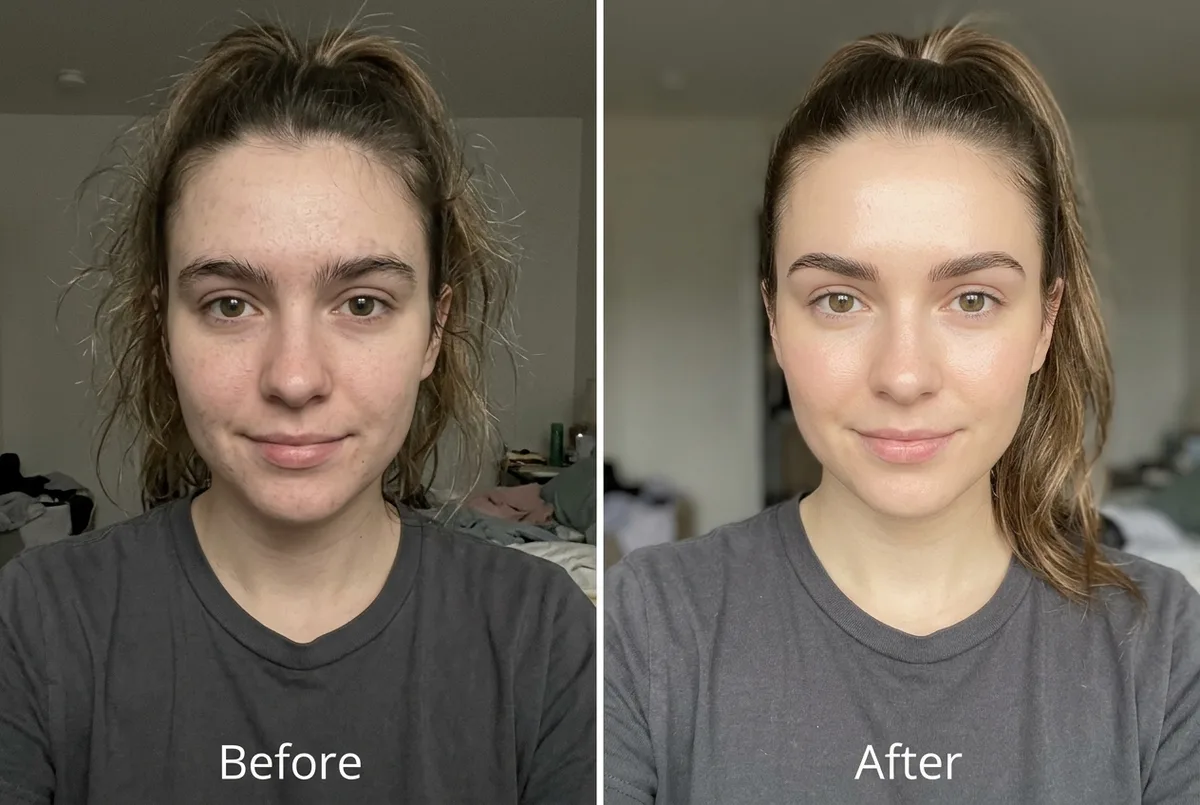 The same woman before and after a subtle, identity-preserving AI glow-up, labeled Before and After