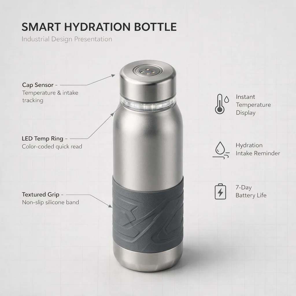Seedream 5.0 Pro test: industrial design sheet of a smart water bottle with callout labels