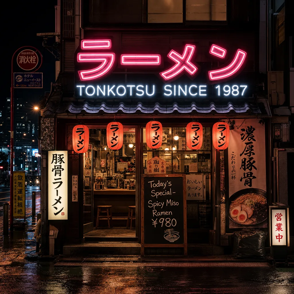 AI-generated Tokyo ramen shop storefront with multilingual text — GPT Image 2 example
