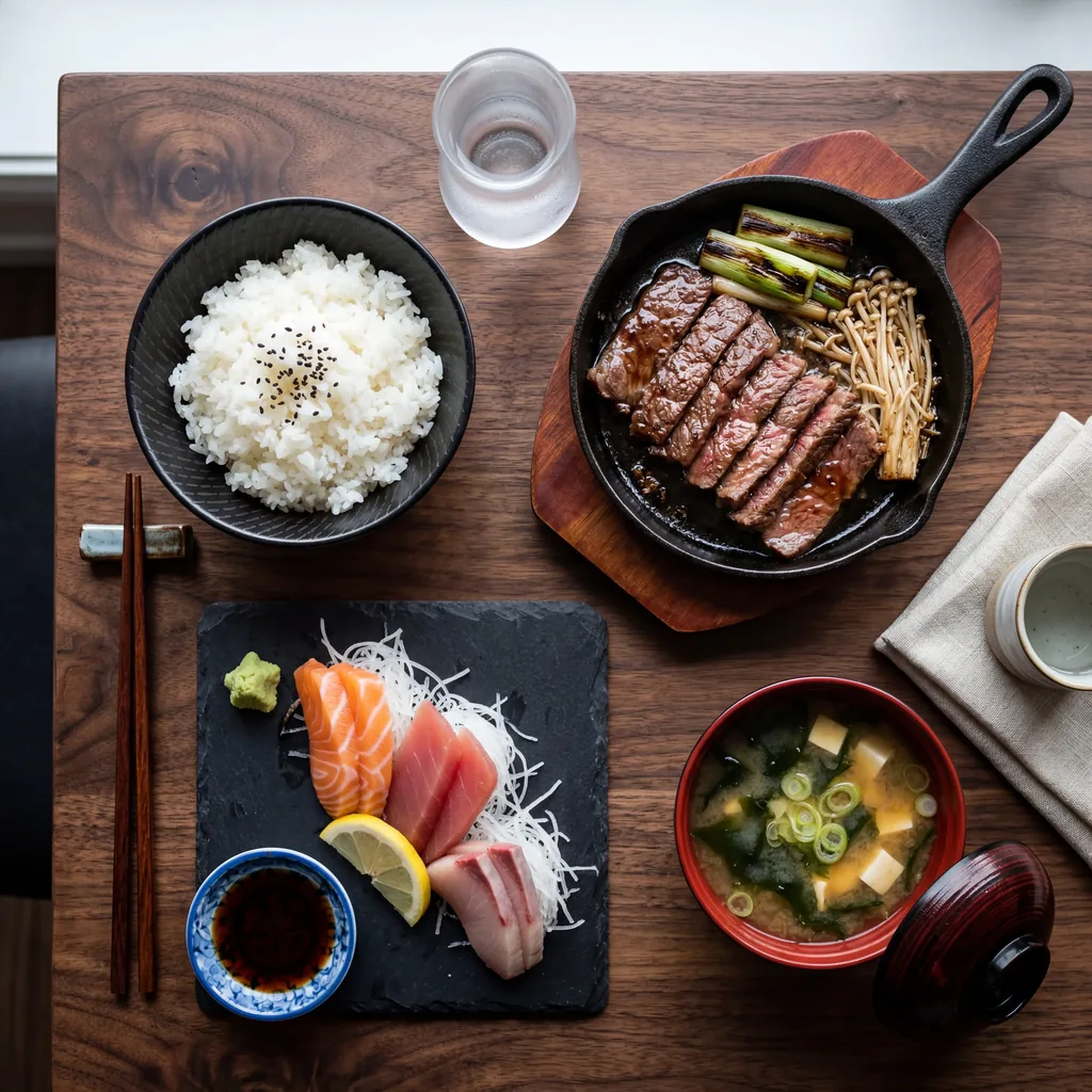AI-generated overhead shot of Japanese teishoku with 8 dishes — Nano Banana 2 example