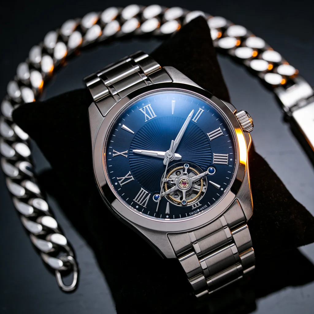 AI-generated luxury Swiss watch product shot on dark surface — Seedream 4.5 example
