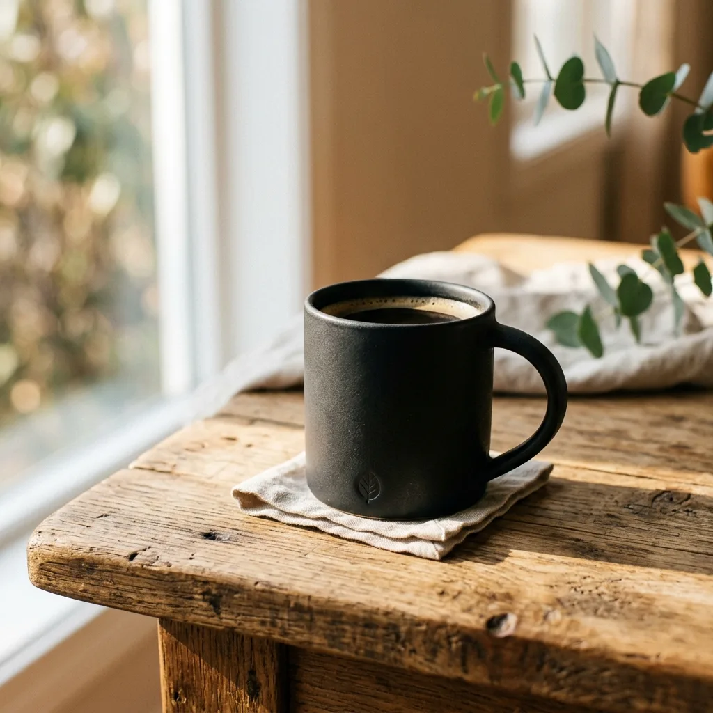 AI-generated product photo of a black ceramic mug