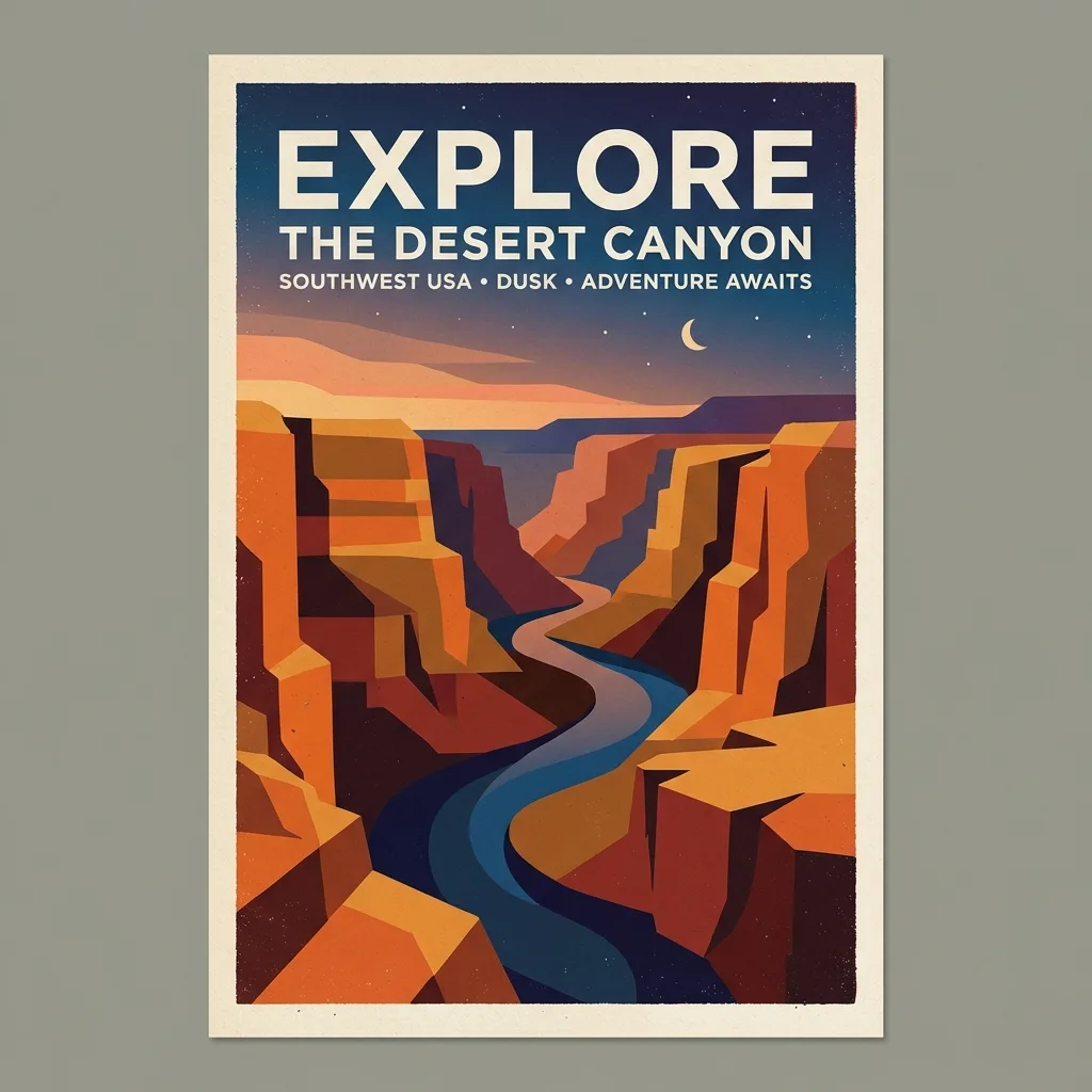 AI-generated minimalist travel poster of a desert canyon
