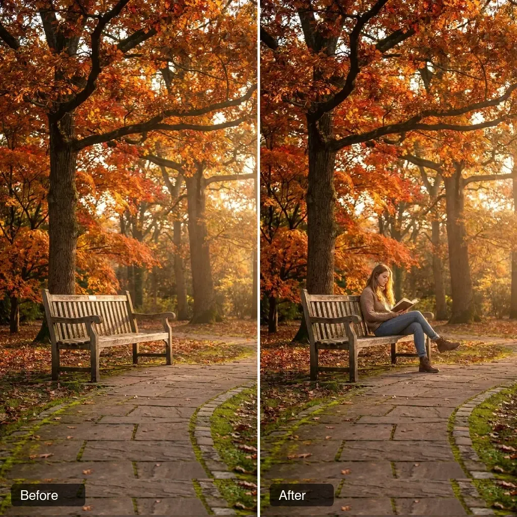 Before and after: AI image-to-image adding a person reading on a park bench