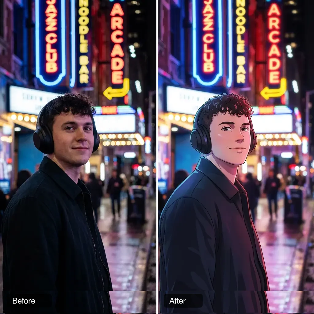 Before and after: AI image-to-image photo converted to anime style