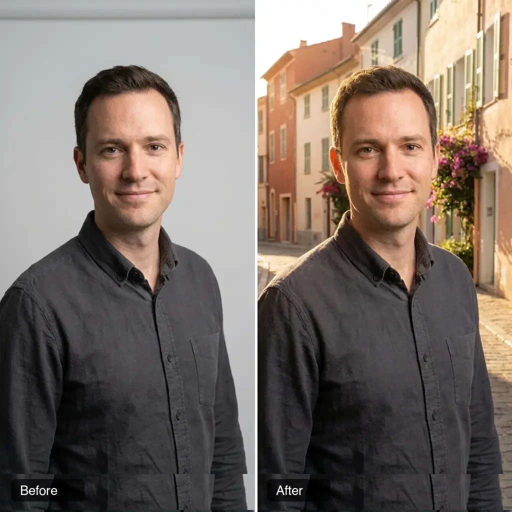 Before and after: AI image-to-image background swap to a Mediterranean street