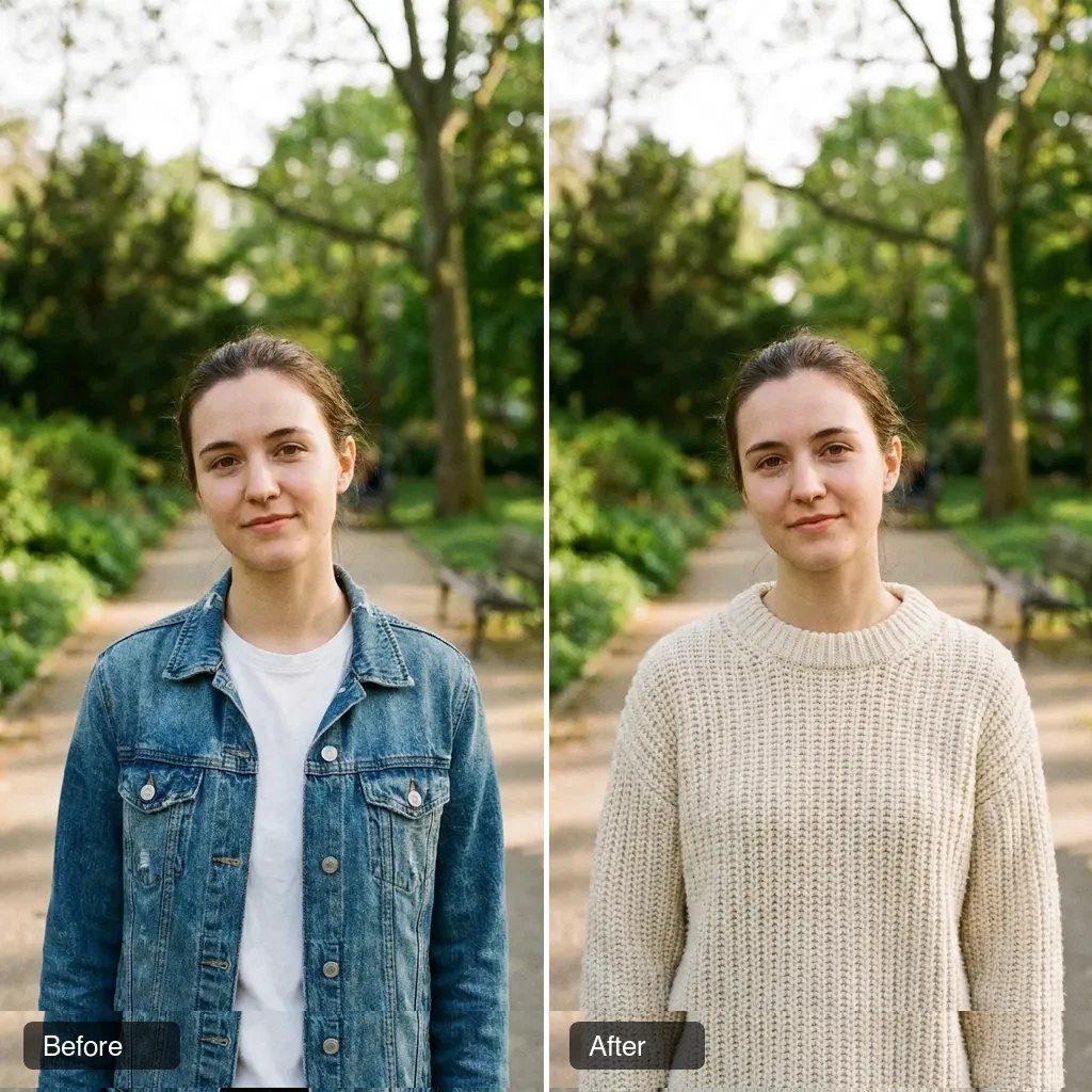 Before and after: AI image-to-image outfit swap from a denim jacket to a knit sweater