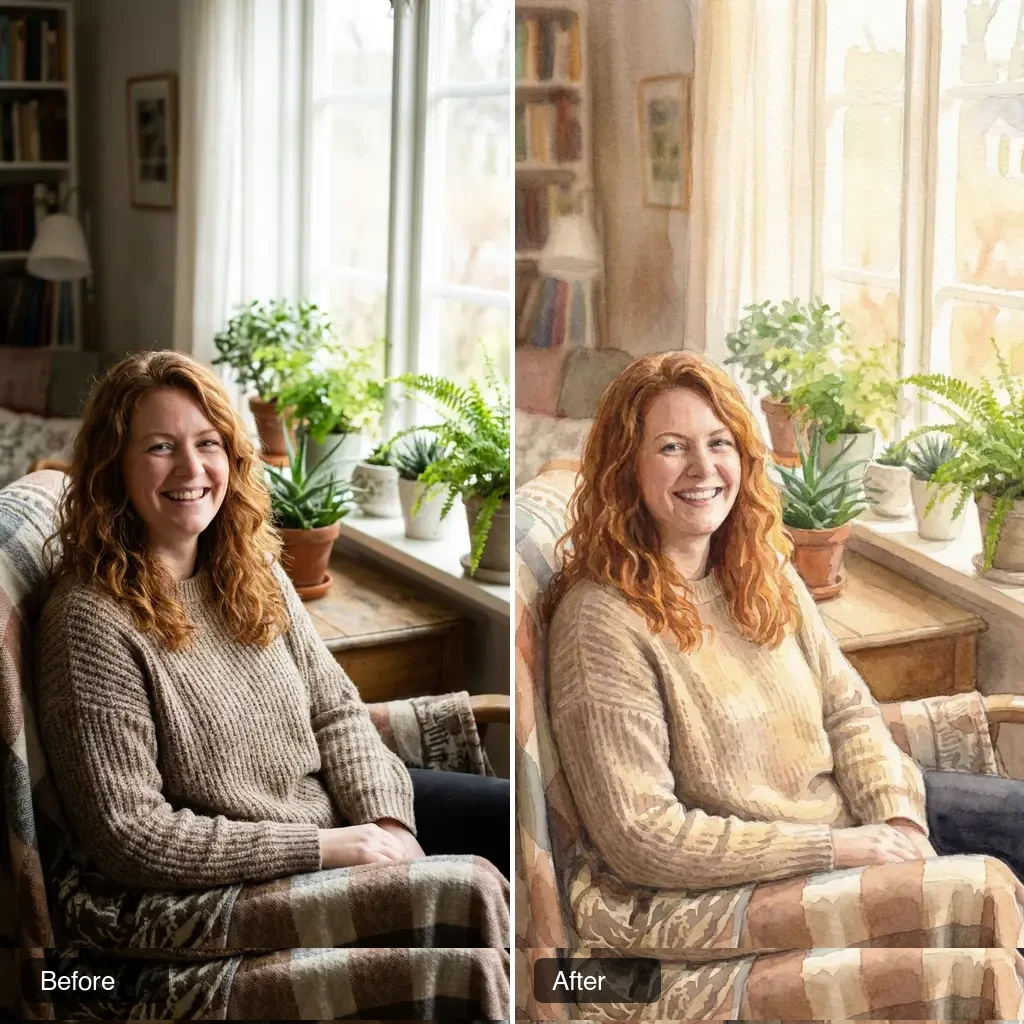 Before and after: AI image-to-image photo turned into a watercolor painting