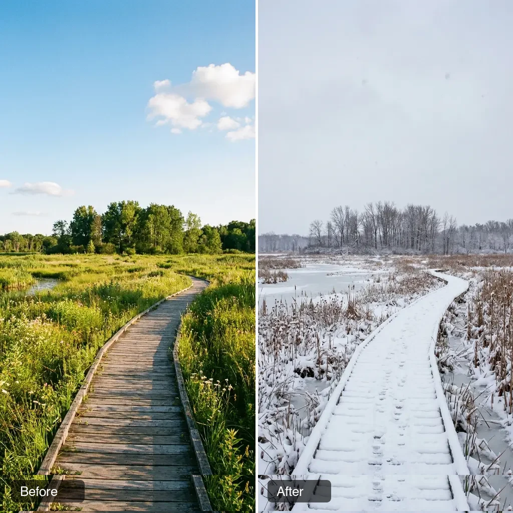 Before and after: AI image-to-image seasonal change from summer to winter
