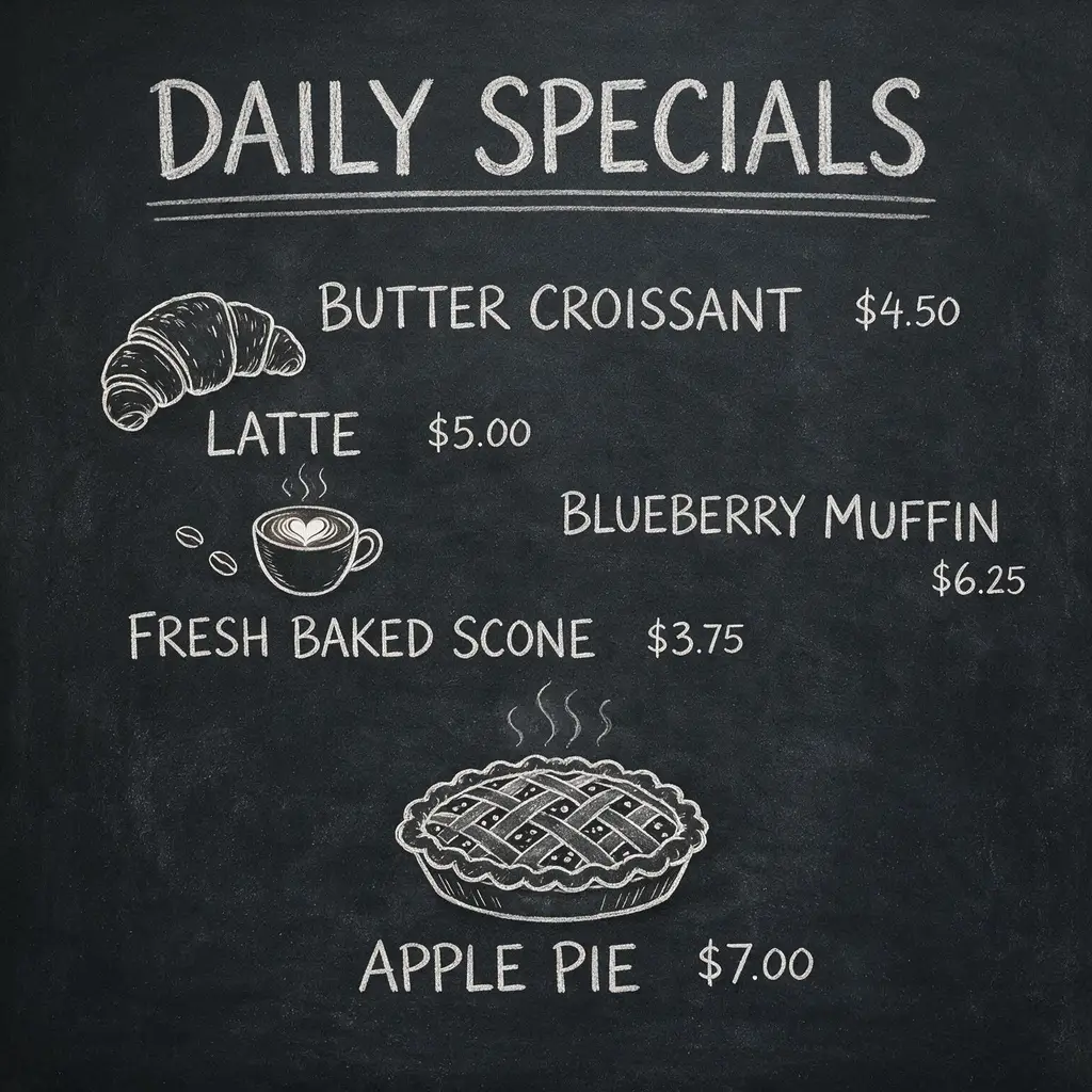 Seedream 5.0 Pro generated chalkboard menu with five items and correctly rendered prices
