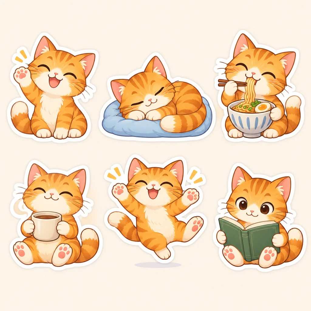 Sticker sheet of one orange cat character in six poses with a consistent look