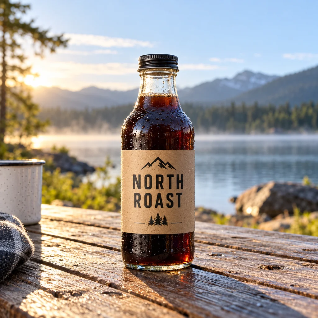 Cold brew coffee bottle with a printed label on a picnic table by a lake