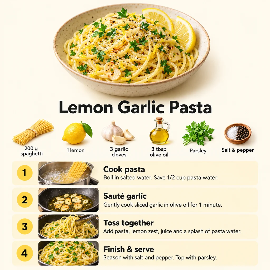Recipe infographic card with numbered steps and ingredient icons