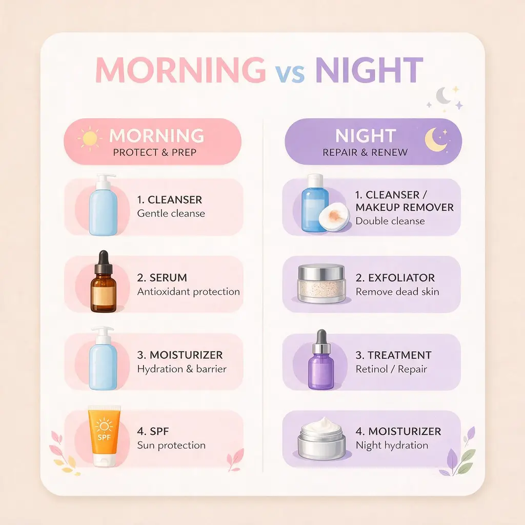 Seedream 5.0 Pro generated morning versus night skincare comparison chart with eight labeled products