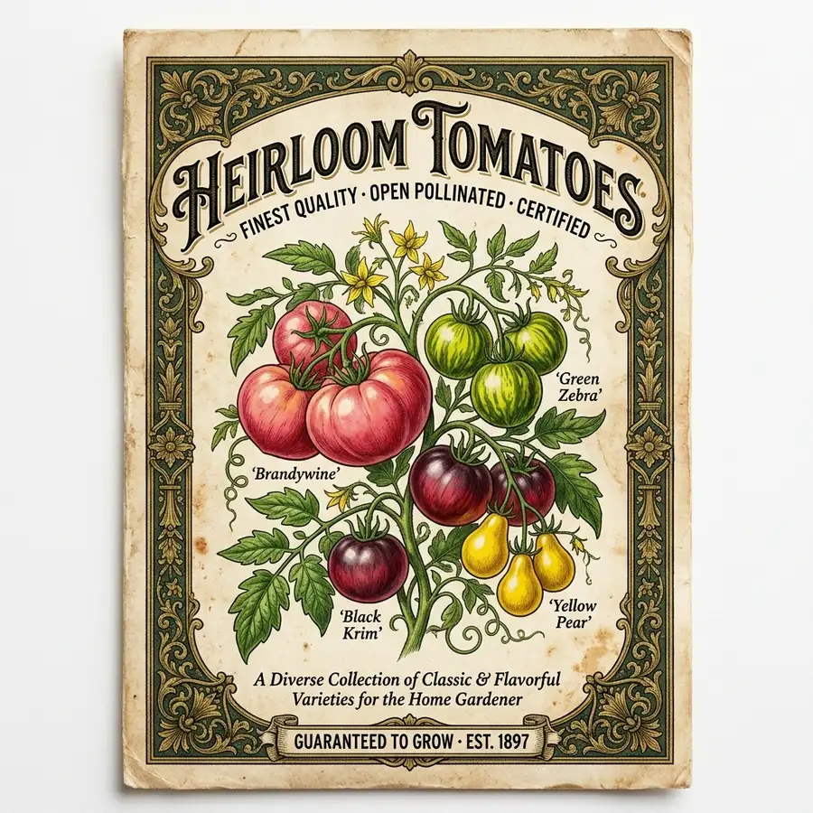 Grok Imagine 2.0 generated vintage seed packet with ornate border and readable small print