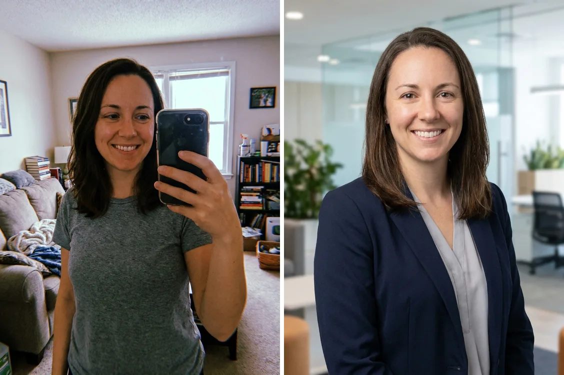 Before and after AI headshot generator: a casual home selfie of a woman on the left turned into a professional corporate headshot in a blazer on the right