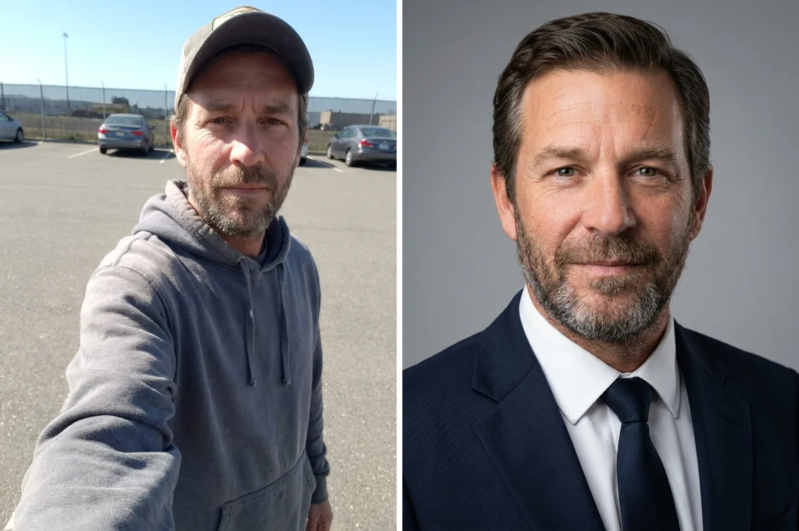 Before and after AI headshot generator: a casual outdoor selfie of a man on the left turned into a professional headshot in a navy suit on the right