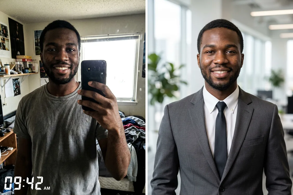 Before and after AI headshot generator: a casual bedroom selfie of a young man on the left turned into a professional office headshot in a suit on the right