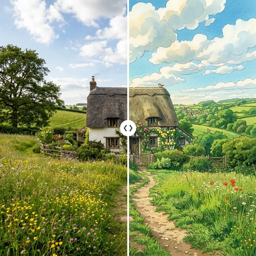 Before and after Ghibli generator: a countryside cottage photo turned into Studio Ghibli style art