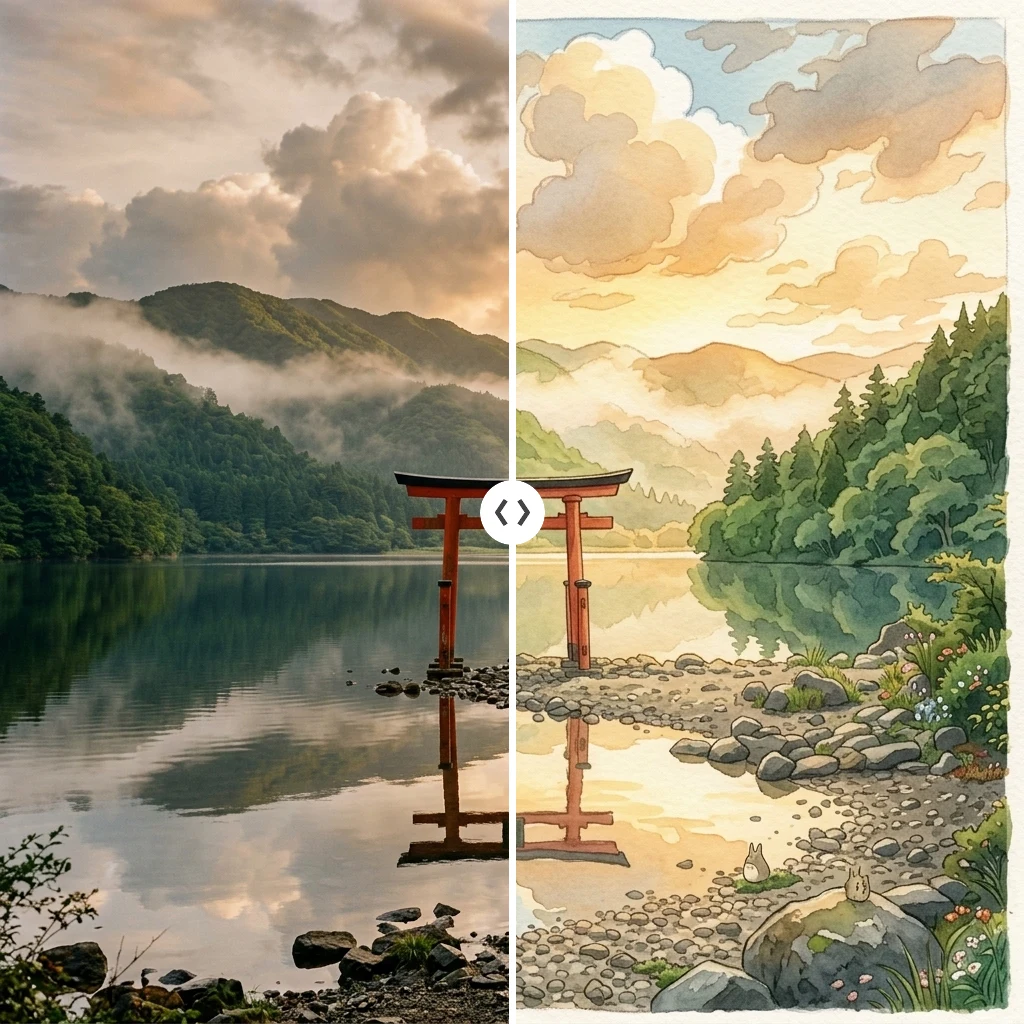 Before and after Ghibli generator: a lakeside torii gate photo turned into Studio Ghibli style art