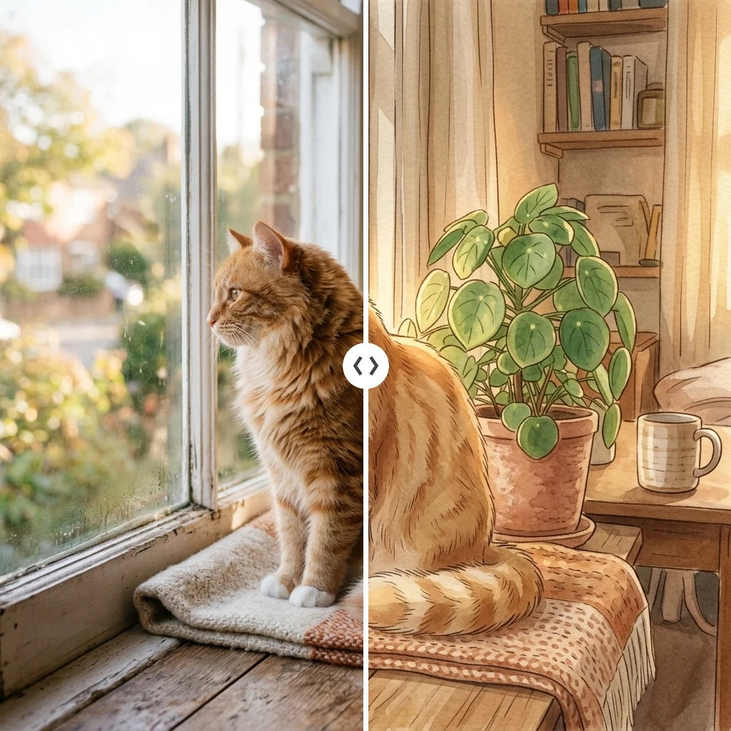 Before and after Ghibli generator: a photo of a cat on a windowsill turned into Studio Ghibli style art