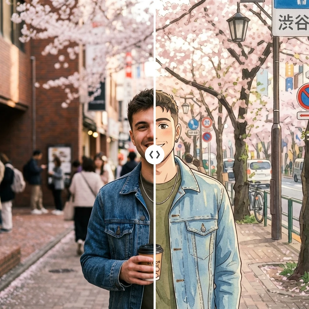 Before and after Ghibli generator: a street portrait photo on the left turned into Studio Ghibli style art on the right