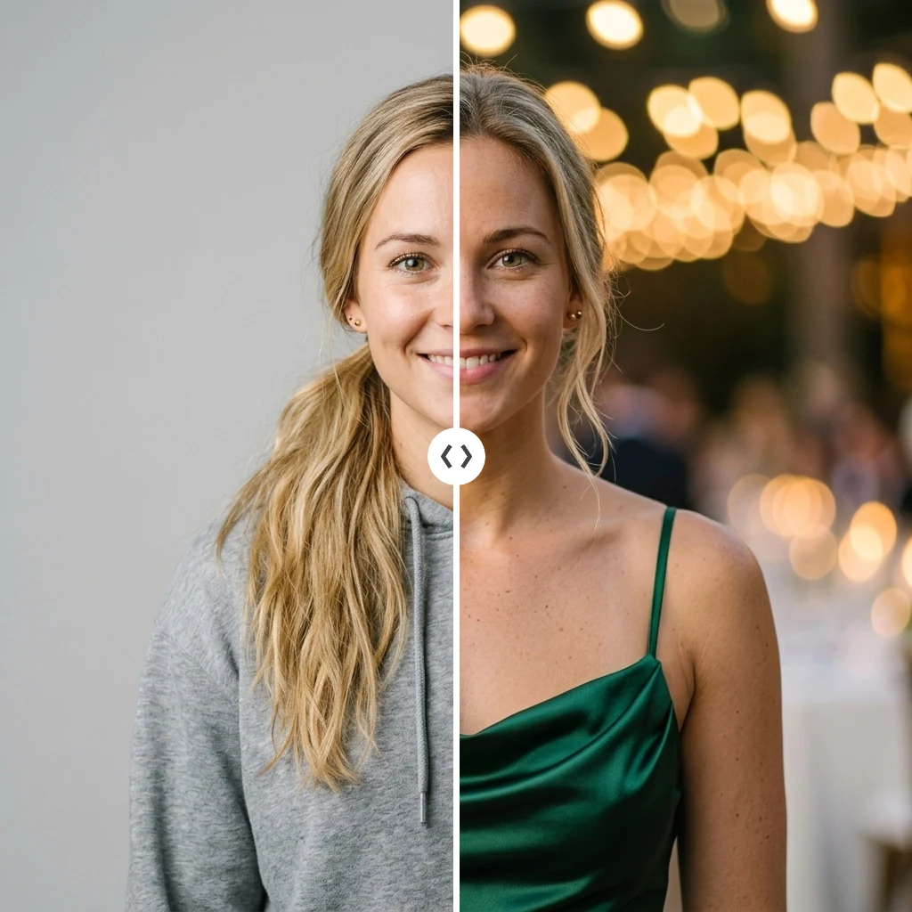 AI image edit before and after: a hoodie portrait restyled into an evening-event look with the same face — Nano Banana 2 example