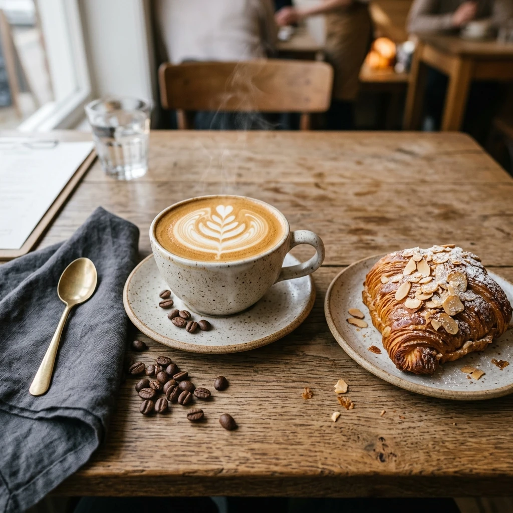AI-generated photorealistic latte with latte art and an almond croissant on a cafe table — Seedream 4.5 example