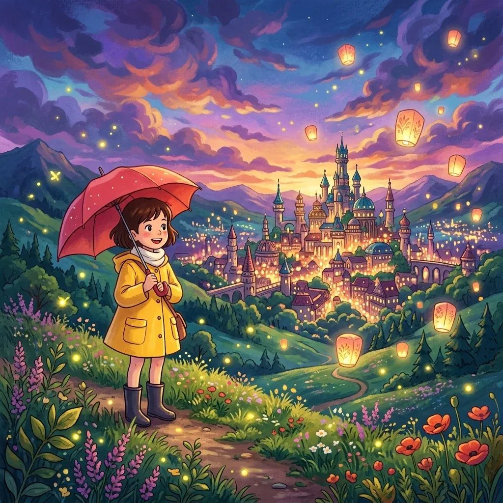 AI-generated whimsical anime illustration of a girl with an umbrella overlooking a glowing fantasy city — Z-Image Turbo example