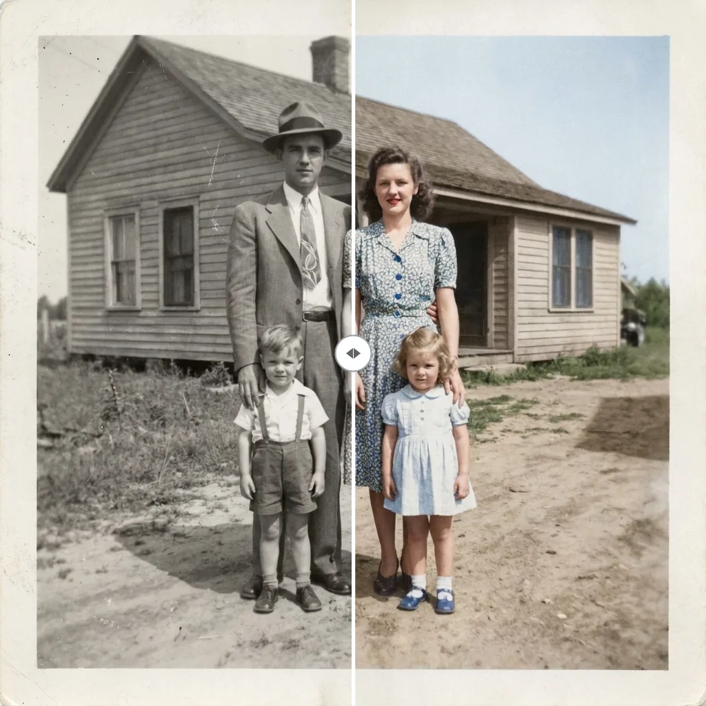 Before and after old photo restoration: a black-and-white family photo on the left colorized with natural tones on the right