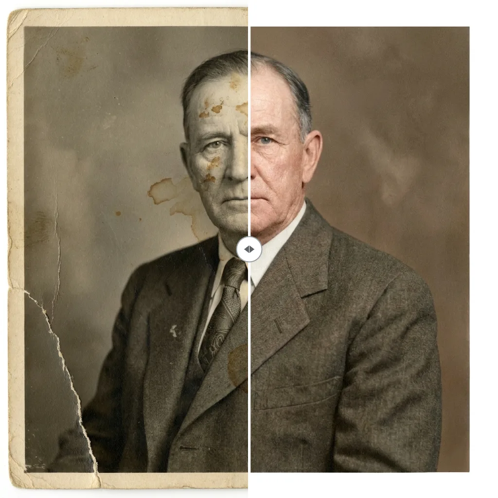 Before and after old photo restoration: a torn, water-damaged photo on the left repaired and reconstructed on the right