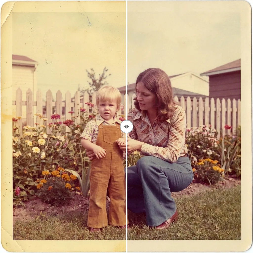 Before and after old photo restoration: a yellowed, faded color photo on the left with color and contrast restored on the right