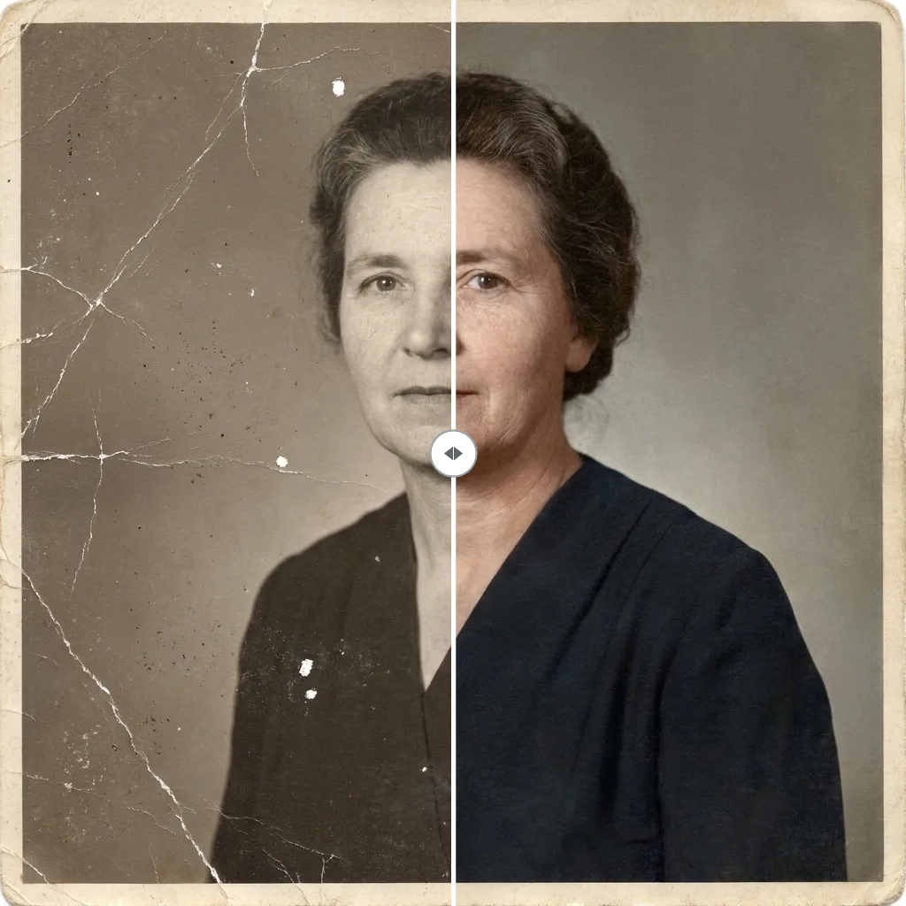 Before and after old photo restoration: a scratched, faded portrait on the left repaired and sharpened on the right