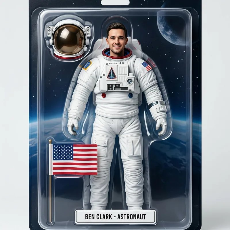 The same man as an astronaut action figure in a white space suit with a helmet and flag accessories