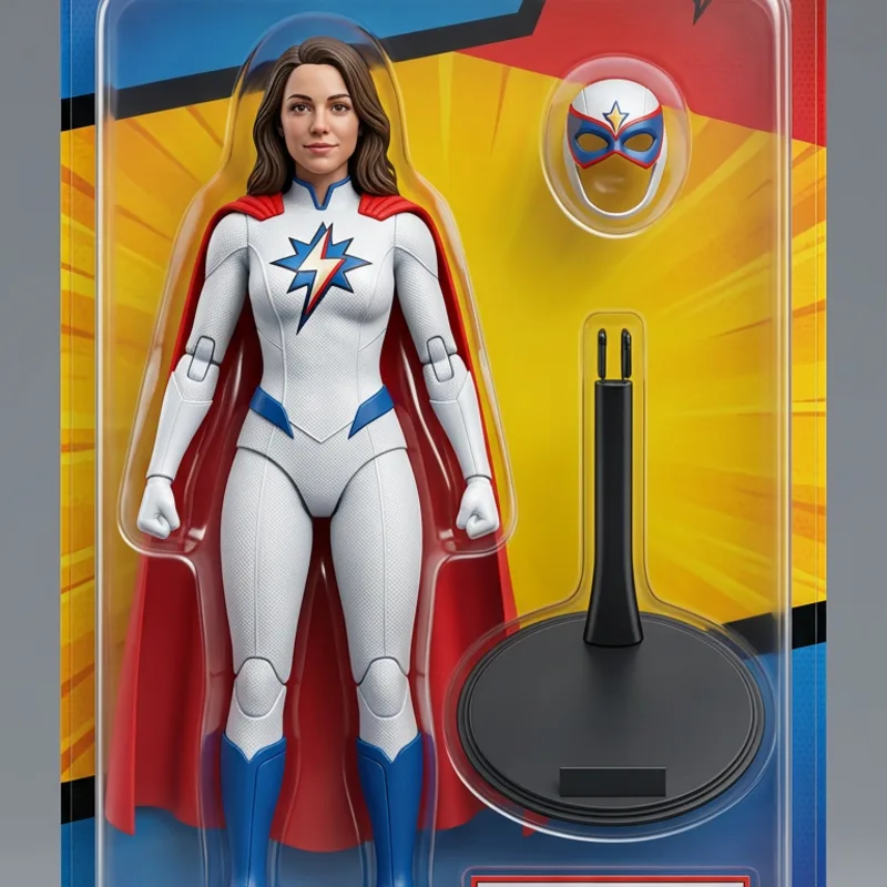 The same woman as a superhero action figure with a cape and a mask accessory in blister-pack packaging