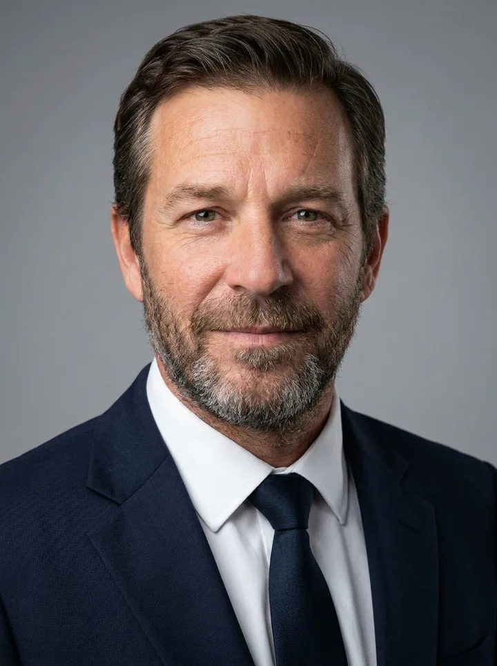 The same man as a professional headshot in a navy suit and tie on a studio gray background