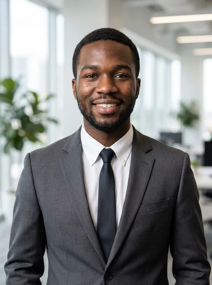 The same young man as a professional headshot in a charcoal suit in a bright modern office