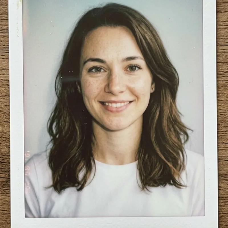 The same woman as a warm vintage Polaroid with the white instant-film frame and faded film tones