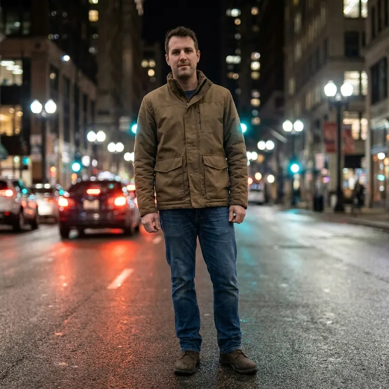 The same man in front of a softly blurred city street at night with realistic lighting