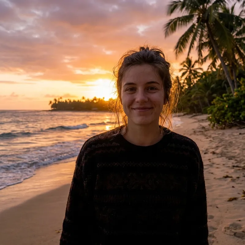 The same woman, unchanged, in front of a tropical beach at sunset with matching warm light