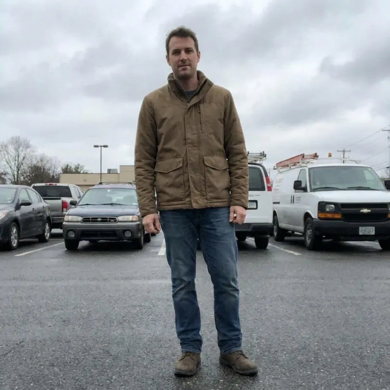 Original casual photo of a man standing in a parking lot in daylight