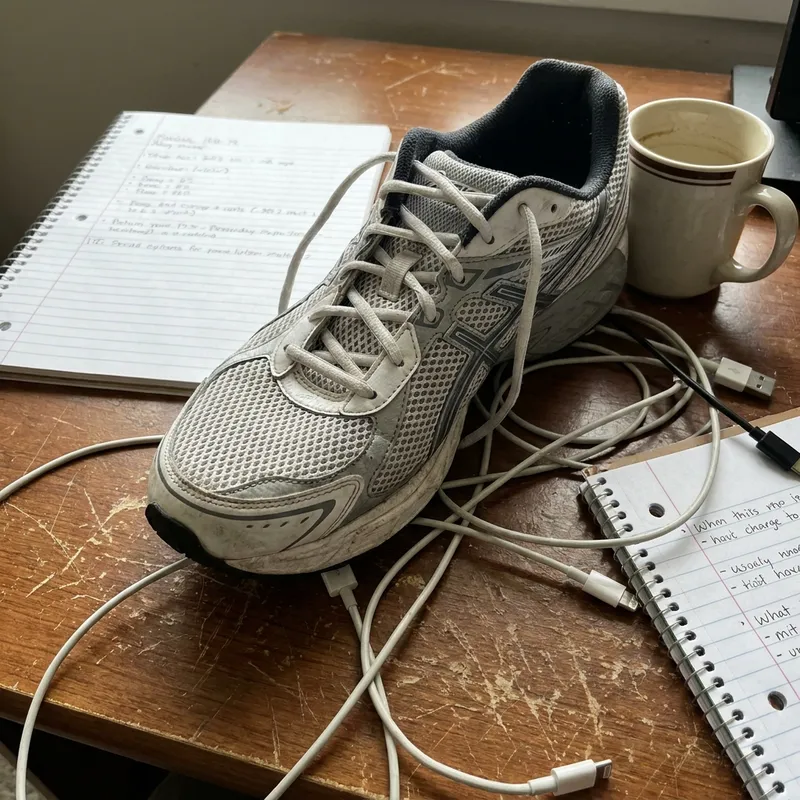 Original photo of a sneaker on a cluttered wooden desk