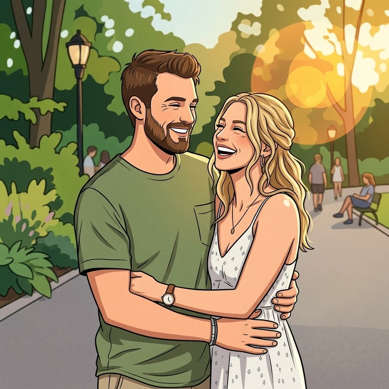 The same couple redrawn as a cartoon illustration