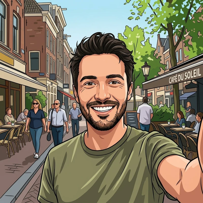 The same man redrawn as a vibrant cartoon illustration
