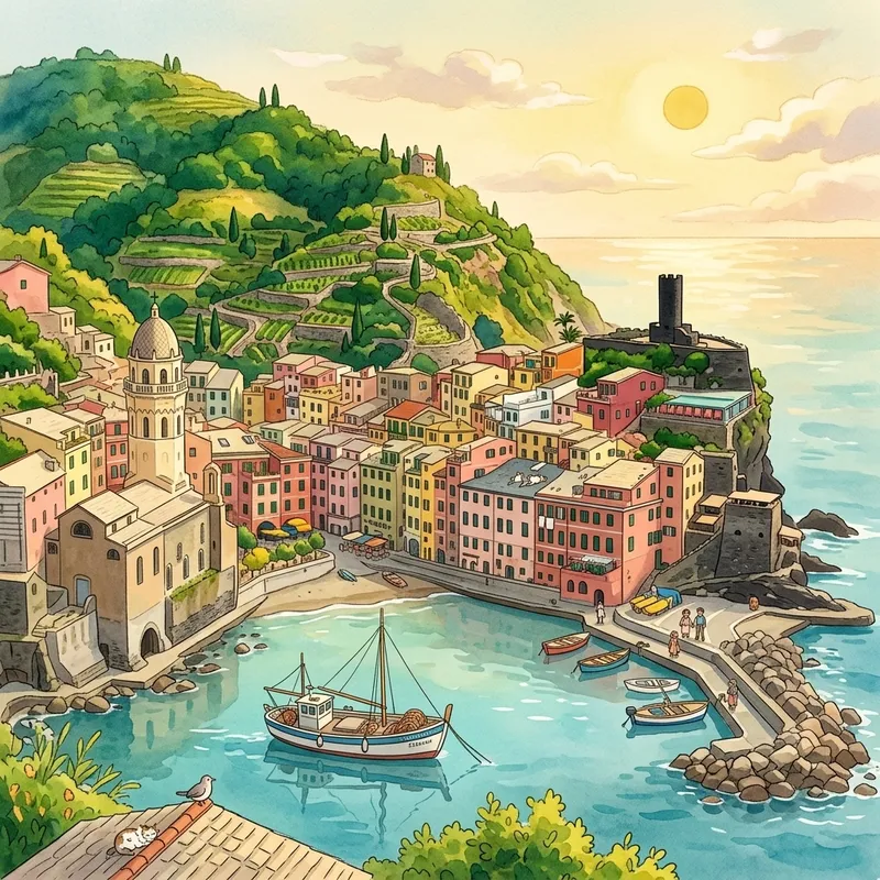 The same coastal village redrawn in Studio Ghibli anime style