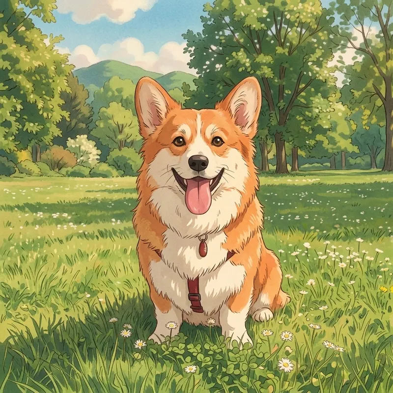 The same corgi redrawn in Studio Ghibli anime style